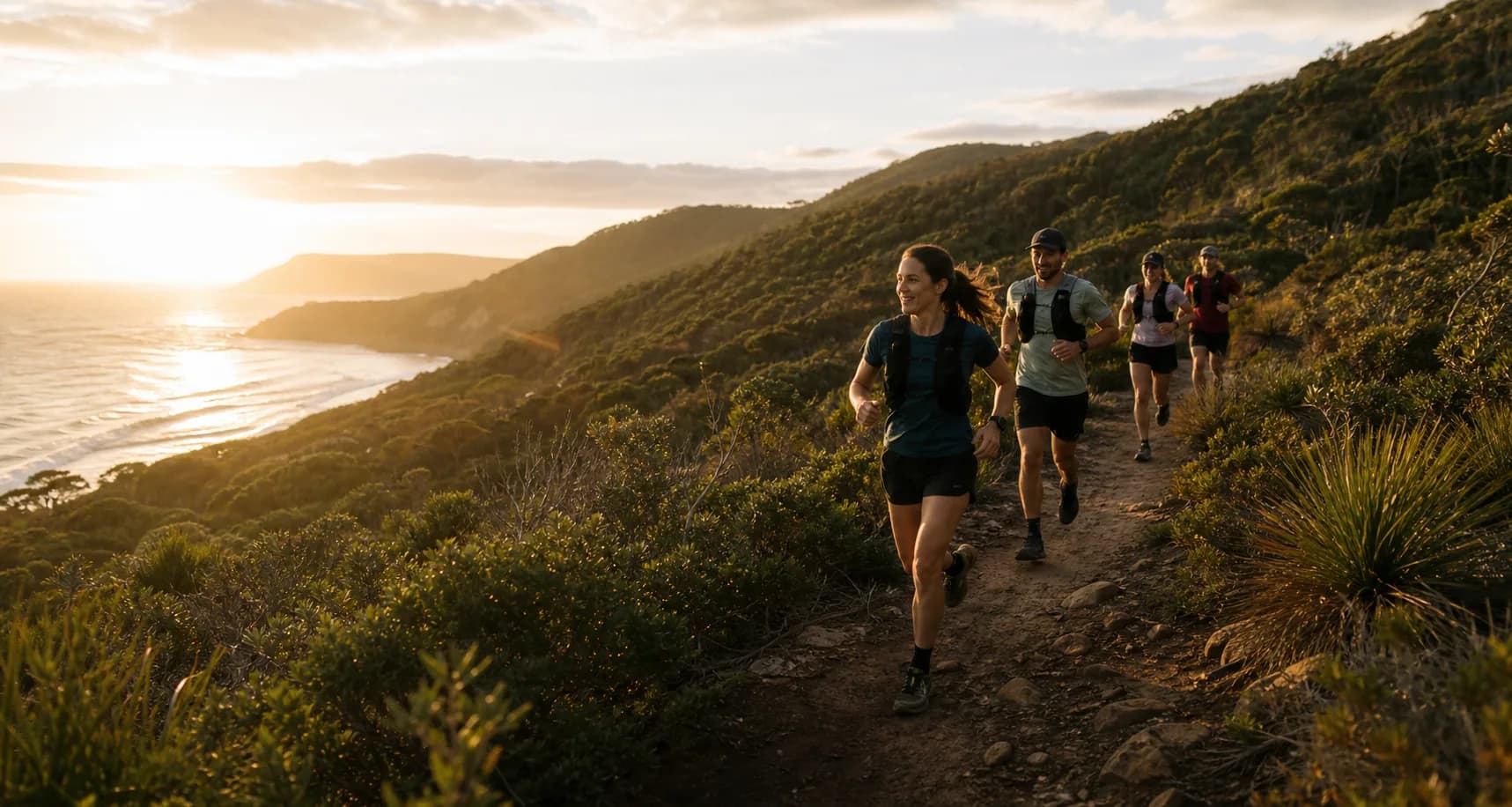 A small group of runners training together on a coastal trail in warm evening light.